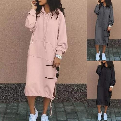 Hoodie Dress Winter Warm Women Hoodies Sweatshirt Dress Long Sleeve Fleece Pullover Dresses Solid Drawstring Hooded Vestidos