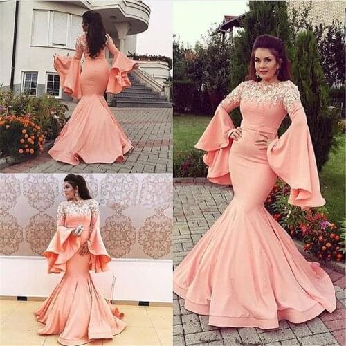 2021 Puffy Long Sleeves Evening Dresses Long High Neck Elastic Satin Robe De Soiree Mermaid Evening Party Prom Dress for Womens