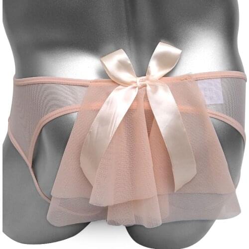 On sale Transparent Mesh Sissy Thong Panties With Bowknot Cute Novelty Sexy Lingerie Mens Sexy Thong Bikin Underwear See thru