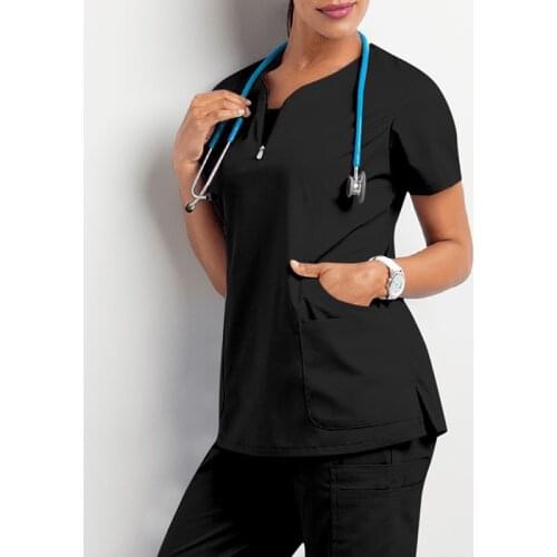 S-3XL 9Colors Solid Zipper V-Neck Short Sleeve Stretch Nurse Uniform With Pocket Women Care Workers Wear