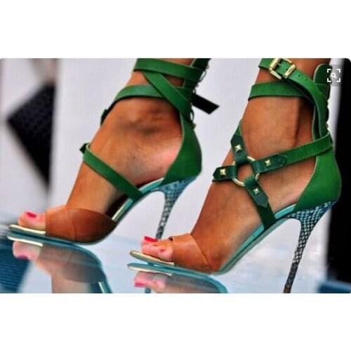Fashion Green Buckle Strap Peep Toe Sandals Woman Thin Heels Gladiator Party High Heel Shoes Ladies Cutouts Dress Heels
