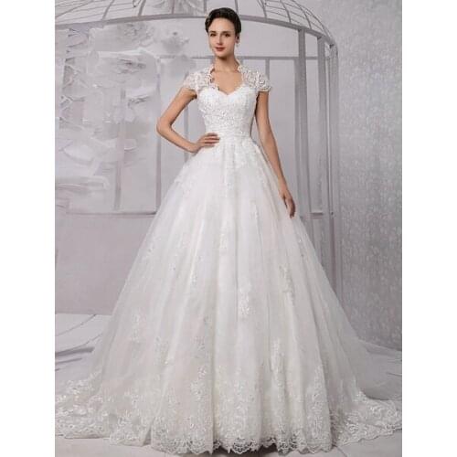 Wedding Dresses Ball Gown Lace Bridal Dress Beading Cap Sleeve Ivory Wedding Gown With Train