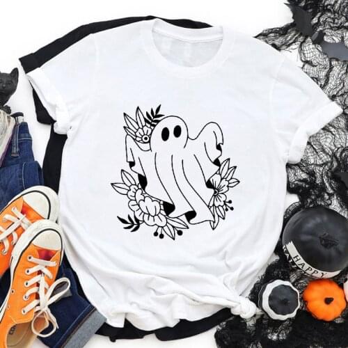 Floral Ghost T-shirt Cute Autumn Halloween Party Gift Tshirt Funny Women Short Sleeve Graphic Goth Top Tee Shirt