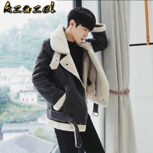 M-XXL Winter Warm Fur Collar Suede Faux Leather Jacket Mens Korean Motorcycle Casual Jacket Coat Lamb Fashion Cotton Clothing