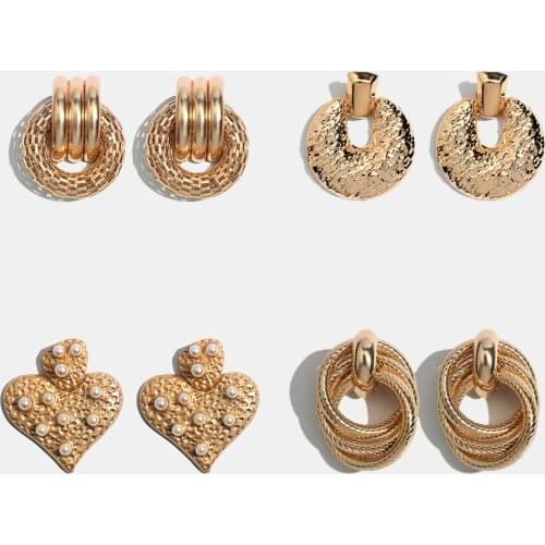 Flatfoosie Shiny Gold Color Drop Earrings For Women Fashion Heart Geometry Vintage Luxury Dangle Earring Simulated Pearl Jewelry