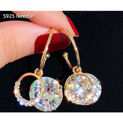 Real 925 Sterling Silver Needle Dangle Drop Earrings for Women Jewelry Gold Bling Star Rhinestone Tassel Female Earrings