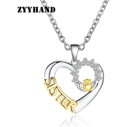 ZYYHAND Gift Necklace Women Double Color Cross Chain AAA Zircon Heart Sister Pendant Birthday Present Pendant Necklace