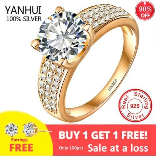 18K Gold Color Silver 925 Ring With 8mm 2 Carat Zirconia Diamond Wedding Ring Women Fashion Jewelry Gift (Free Sent Earrings)