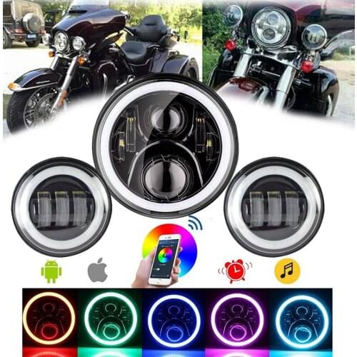 WZJOO 7 Inch Led headlight RGB Halo App Bluetooth Remote Control With 4.5" Passing Fog Lamp White DRL Set Formotorcycl Touring