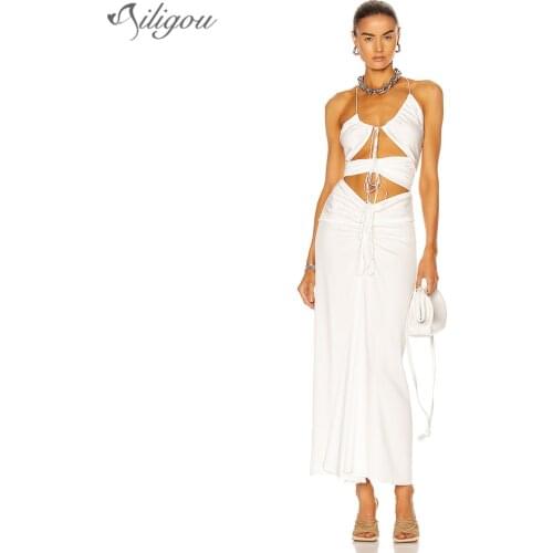 Ailigou 2021 New Sexy Party Dress WomenS Strapless Hollow Draped Black Pink Long Dress Summer Solid Color Casual Beach Dress