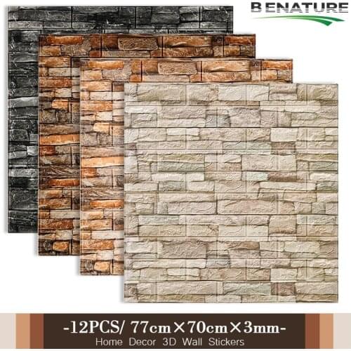 BENATURE 12pcs/bag 3D Brick Wall Sticker Bedroom Living Room TV Wall Decoration 77x70cm Waterproof Self-Adhesive Wallpaper