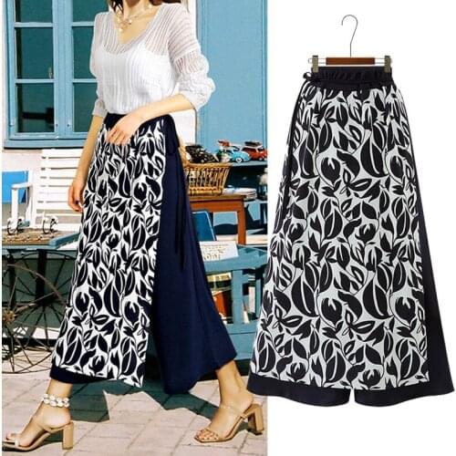 Nine-point wide-leg pants womens high waist drape 2019 summer fake two-piece wide pants elastic and wide loose large size strai