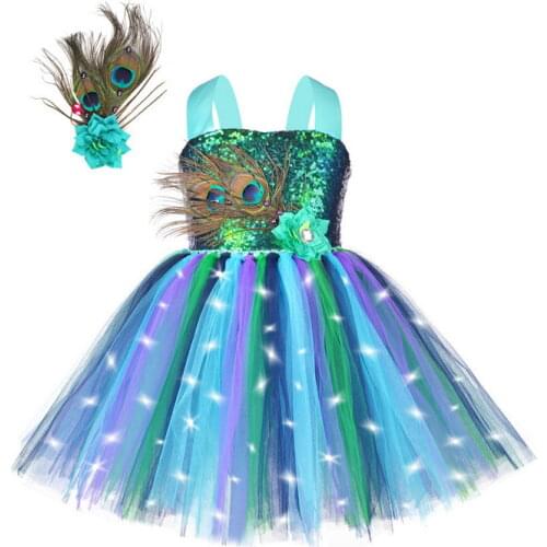 Girls Peacock Costumes Kids Glitter Flower Tutu Dress With Headband Birthday Tutu Dresses Christmas Party Sequin Clothing 2-8Yr