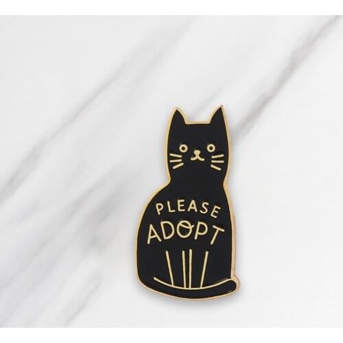 Black Cat Enamel Brooches Button Pins for clothes bag Please Adopt Badge Cartoon Animal Jewelry Gift for friends