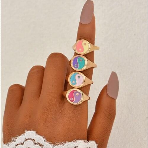 Sweet Gold Tai Chi Candy Color Heart Crystal Rings for Women Girl Punk Fashion Rings Set Party Jewelry Accessories