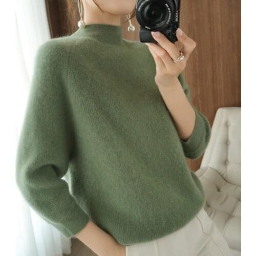 Hot Sale Batwing Sleeve Thicker Warm Sweaters Women 100% Pure Wool Knitted Pullovers Solid-Colors Oneck Female Soft Knitwears