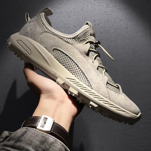 Summer Real Leather Mens Casual Shoes Luxury Mesh Breathable Shoes Man Elastic Band Outdoor Hiking Shoes Lace Up Trekking Shoe