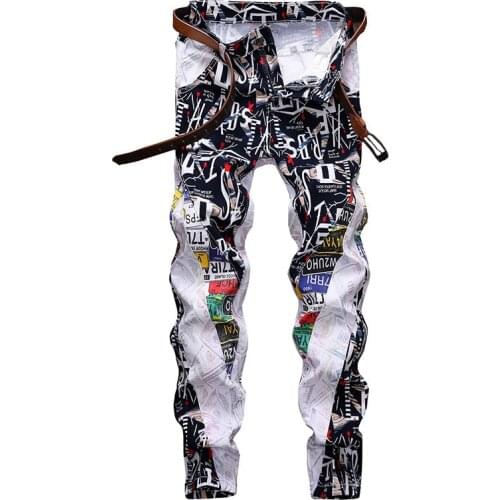 2020 Mens Letters Printed Patchwork White Jeans Fashion Colored Painted Slim Straight Denim Pants High Street Hip Hop Jeans