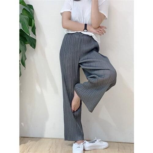 Pleated Pants Womens Loose Straight Pants 2020 Summer High Waist Pants Nine Point Ice Silk Casual Pants