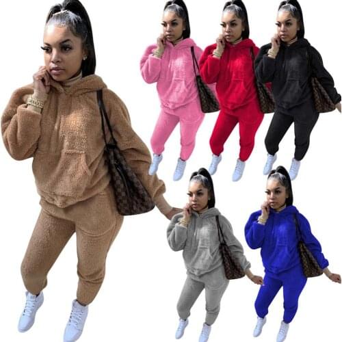 Plush hooded sweater and trousers suit solid color two-piece leisure sports suit