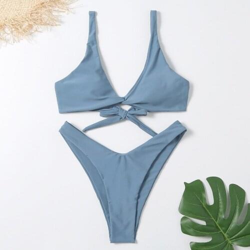 Sexy Triangle Bikinis Femme Gray Blue Swimwear Women 2021 Swimsuit Back Lace-up Bathing Suit High Cut Thong 2 Bikini Set Biquini