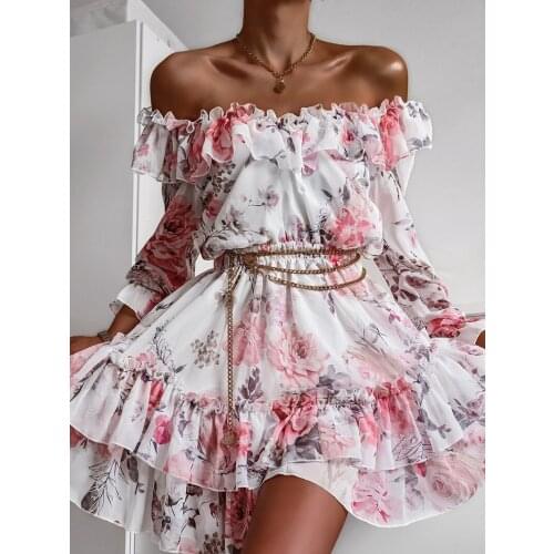 Women Autumn Ruffles Flower Print Dress Off Shoulder 2021Chiffon Long Sleeve Dress Female Slash Neck Short A Line Party Dress