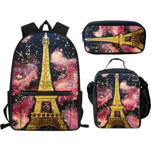 ELVISWORDS Customize Student Bagpack 3 Pcs/set Teenager School Bags Eiffel Tower Print Backpack for Boys Girls Kids Book Bag New