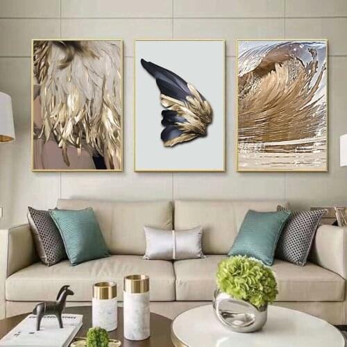 Nordic Feathers Canvas Painting Fashion Poster And Print Unique Modern Golden Wings Wall Art For Living Room Bedroom Aisle