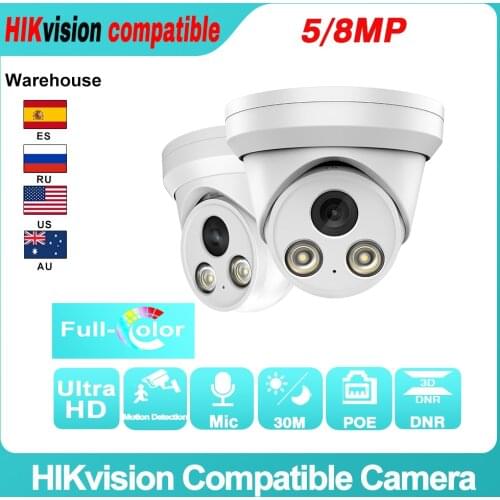 Hikvision Compatible IP Dome Camera 2PCS ColorVu 8MP PoE Built-In Mic H.265 IR Range 30M Motion Detection IP66 Waterproof