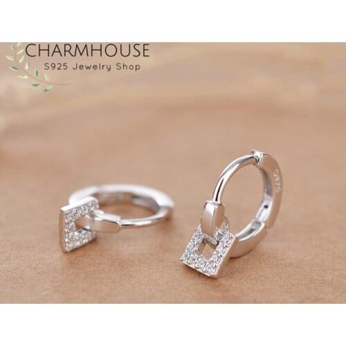Sterling Silver Small Hoop Earrings For Lady CZ Zircon Square Drop Earing Brincos Femme Korean Style Jewelry Pendientes Mujer