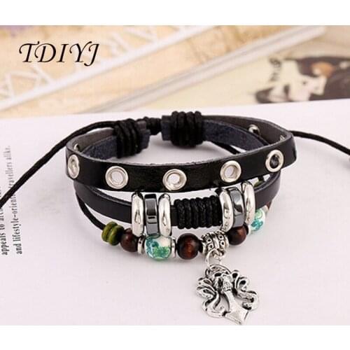 TDIYJ Men Fashion Punk Genuine Leather Wristband Bracelets Skull Head Charms Beads Bracelet Three Layers Buckle Jewelry 5Pcs/lot