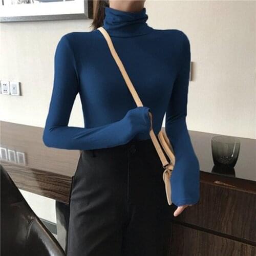Autumn Womens Long Sleeve High Neck Bottoming Thin Fit with Knitting Shirt Slim Pattern Solid Color Female Fashion