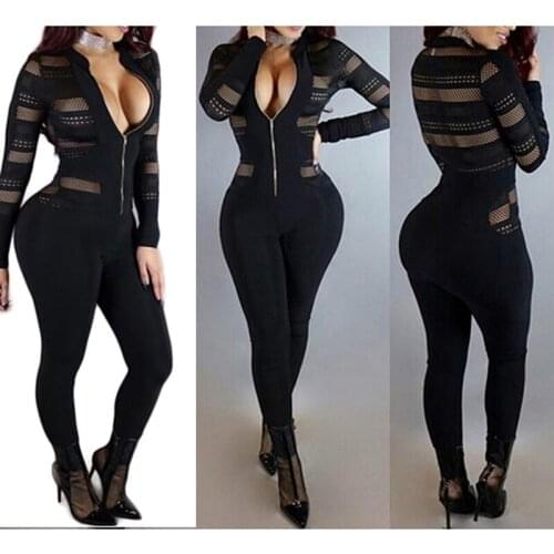 Women Lace Hollow Out Jumpsuit Patchwork Sexy High Waist Pencil Pants Zipper Night Club Evening Rompers