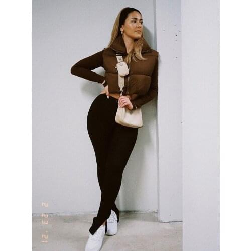 2021 Women Fashion Brown Cropped Vest Coat Female Stand Collar Zipper Waistcoat Ladies Casual Outerwear