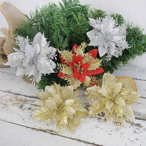 10pcs Glitter Chrsitmas Flower Artificial Flowers Silk Poinsettia Christmas Tree Decor For Home Xmas Ornaments New Year Gifts