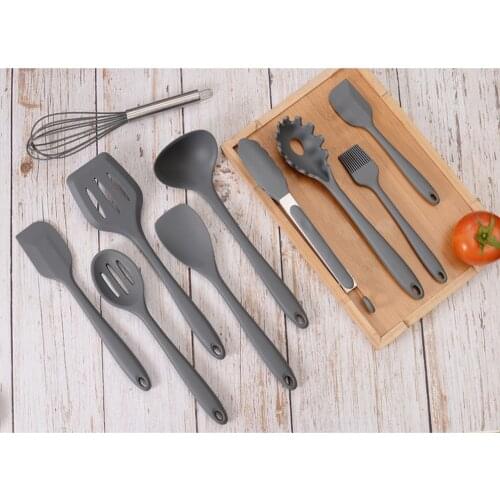 10Pcs/set Silicone Cooking Utensils Kitchen Utensil Set Non-stick Spatula Wooden Handle with Storage Box Kitchen Tools Gray