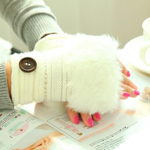 2020 Winter Warm Female Gloves Knitting Wool Faux Rabbit Fur Wrist Gloves Mittens Vingerloze Handschoenen guantes termicos mujer