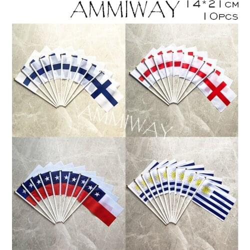 AMMIWAY 14x21cm 10pcs Finland England Chile Uruguay Country Hand Flag National hand Flag with Pole for Advertisement Decoration