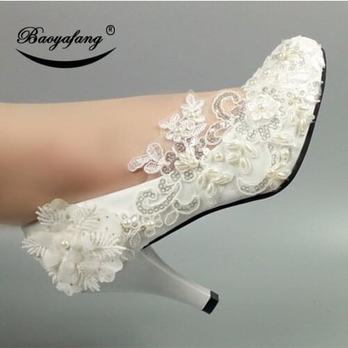 BaoYaFang New ivory beads Women Wedding Dress shoe Bride Bridesmaid Ladies Dress shoes Big Flower fashion shoe woman female shoe