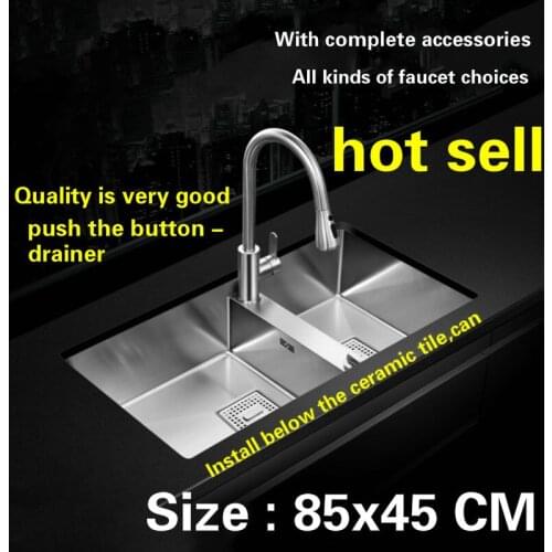 Free shipping Hot sell standard big kitchen push the button - drainer manual sink double groove durable stainless steel 85x45 CM