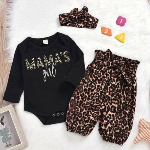 Free Shipping 3Pcs Leopard Clothes Set Newborn Baby Girls Outfit Clothes Romper Top Pants Trousers Headband