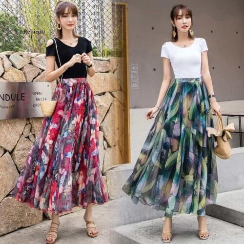 Long Skirt Boho Beach Skirt Floral Print Chiffon Women Skirt