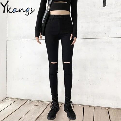 Gothic High Waist Pockets Ripped Hole Pencil Jeans Stretch Black Streetwear Women Classic Denim Pants Slim Skinny Korean Trouser