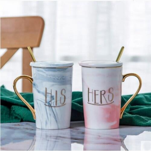 European Style Marbled Ceramic Mug with Spoon Simple Household Cute Couple Water Cup Oatmeal Breakfast Milk Coffee Cup