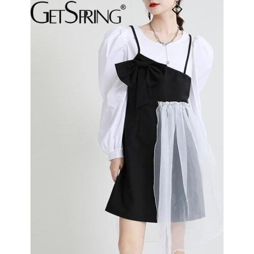 Getspring Women Dress Puff Sleeve Patchwork Asymmetry Short Dress Irregular Color Matching Fake Two Girls Summer Dress 2021 New