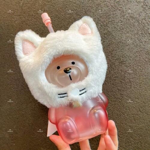 Star Papa Cup Cat Headgear Pink Gradient Bear Glass Straw Cup Cute Milk Water Cup Tumbler with Straw