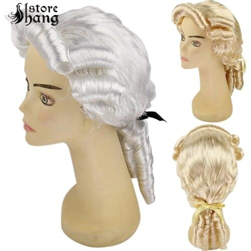 Men Colonial Wig 18th Century Gentlemen Court Costume Retro Curly Ponytail Rococo Wig Halloween Fancy Dress Costume Accessories