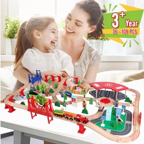 DIY Wooden Train Track Traffic Accessaries Toy Set Rail Bridge Station Magnetic Car Model Railway Educational Kids Gift