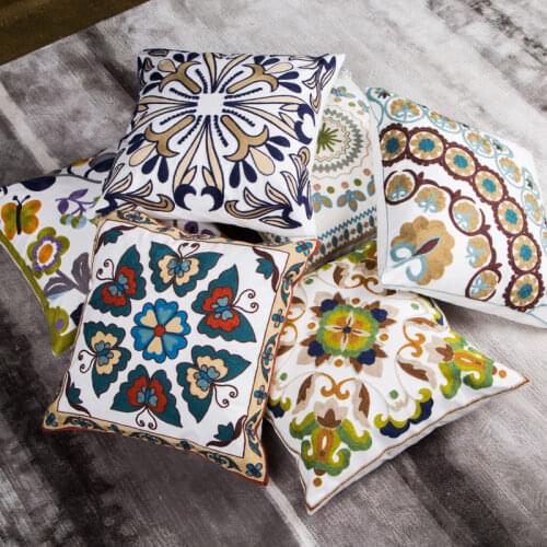 Full Embroidery Colorful Flower Square Decoration Throw Pillowcase Soft Microfiber Outdoor Cushion Cover 45 X 45 Sofa Bedroom