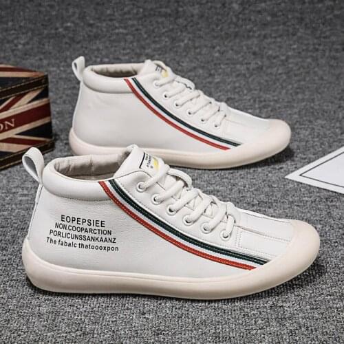 2020 Autumn New High Top White Shoes Striped Panel Shoes Mens Comfortable Lace-up Korean Fashion Casual Sports Mens Shoes